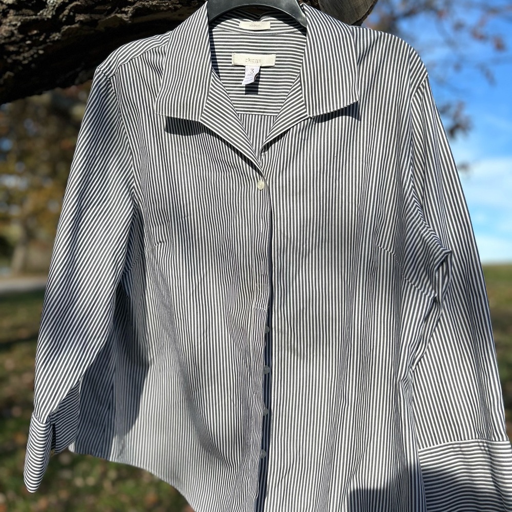 Chico’s Black and White Striped Button-Up Shirt